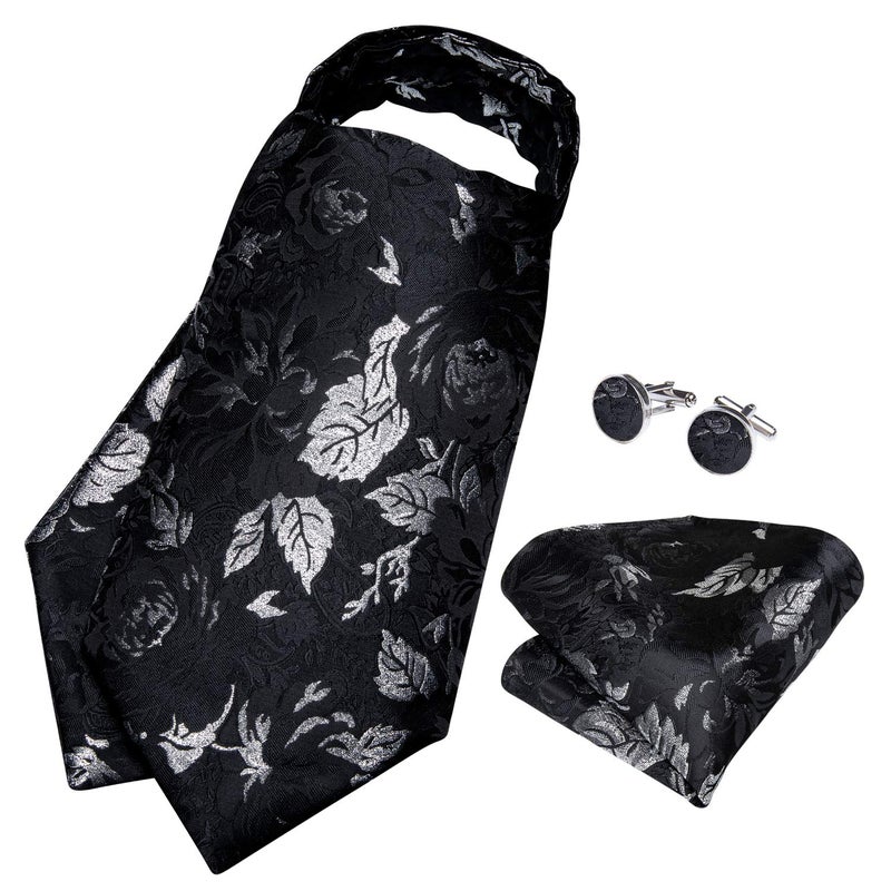 DiBanGu Black Ascot Ties for Men Cravat Tie and Pocket Square Set Jacquard Silk Ascot Paisley Cravat for Men - Image 4